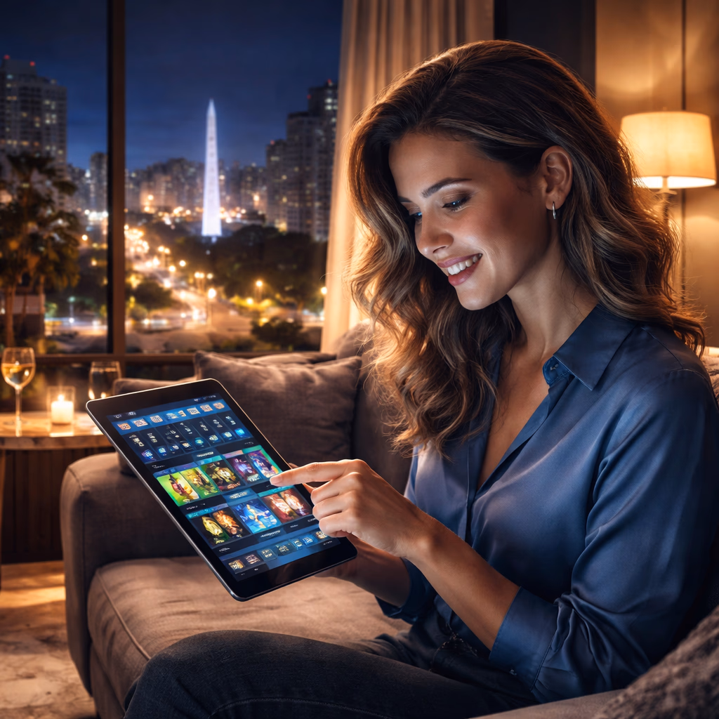 An excited woman in a modern Buenos Aires apartment enjoying a winning session on the Goobet777 platform.