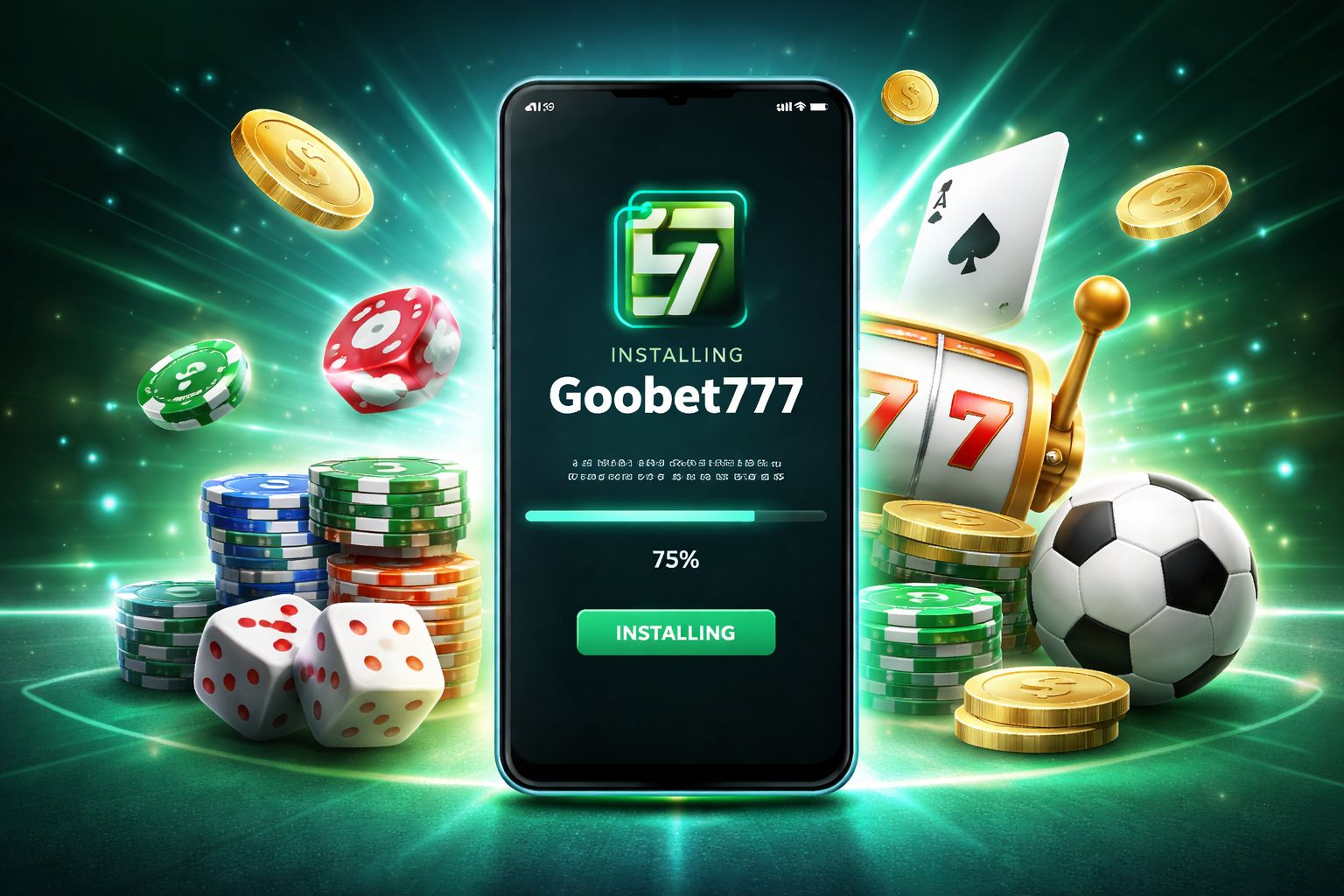 A smiling user installing the Goobet777 APK on an Android phone with a clean, modern mobile gaming interface visible.