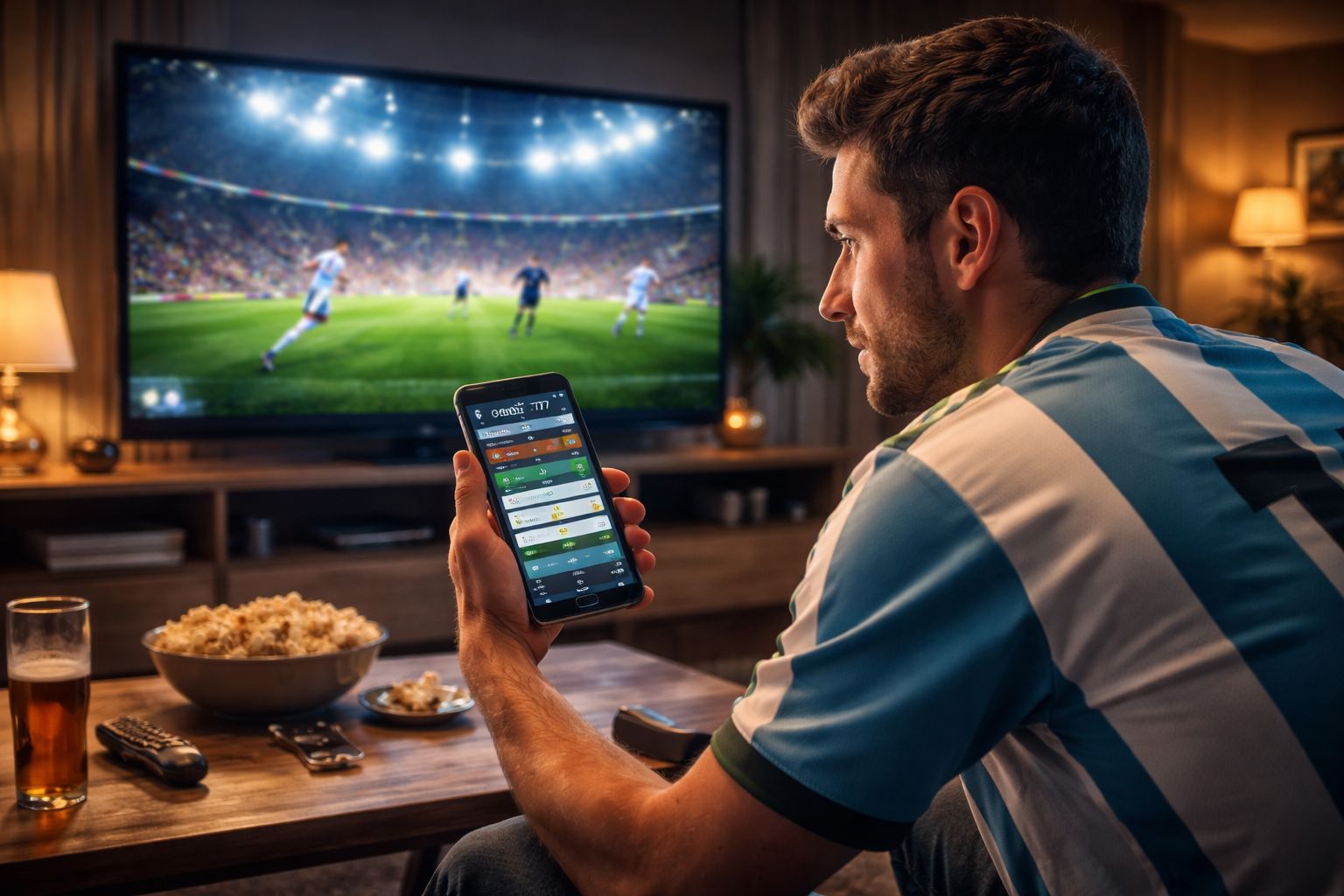 A mobile bettor in Argentina watching a match and using Goobet777 live betting tools on a smartphone.