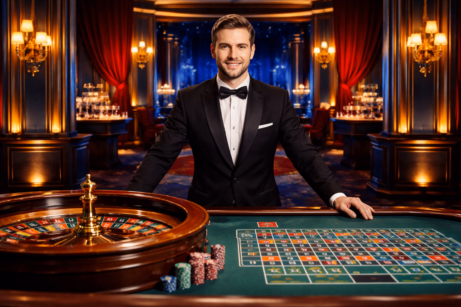 A professional live dealer hosting a Goobet777 roulette table in a polished studio with bright casino lighting.