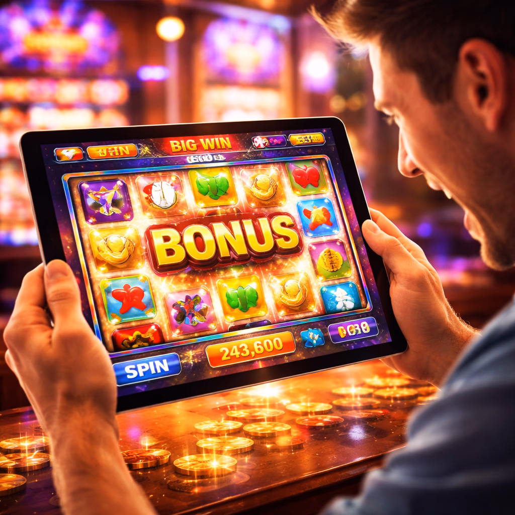 A happy woman celebrating a slot win on her tablet while enjoying the polished Goobet777 gaming environment.